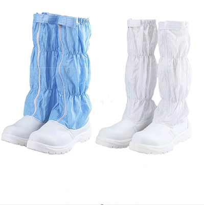 Botas de sala limpia de cuero PU de 5 mm antiestáticas, tela blanca y azul, transpirables y reutilizables