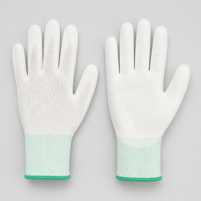 Guantes ESD de nailon blanco con palma recubierta de PU (10e6-10e9 Ohm) para manipulación sensible a la estática